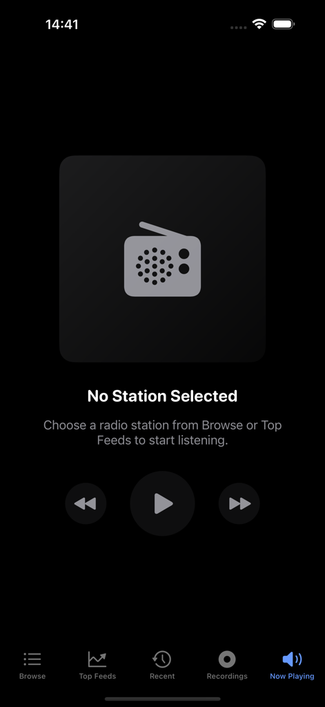 The Now Playing interface of the Police Scanner Radio app showing media controls and a station selection prompt.