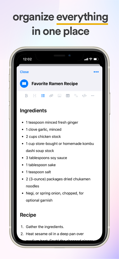 iPhone showing a ramen recipe stored in the Lunatask notes feature with a clean organized interface