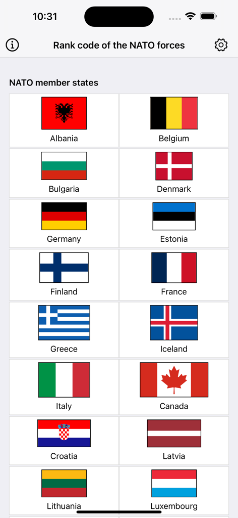 A grid display of NATO member countries with their respective flags and names in the NATO Ranks mobile application