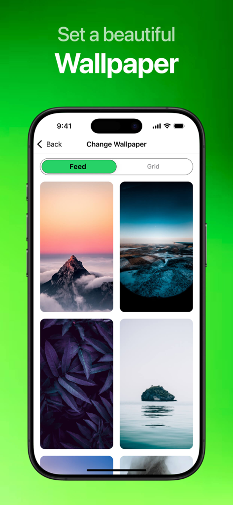 Pantalla de selección de fondos de pantalla en la aplicación Mensajero Doble para WhatsApp mostrando varios fondos de naturaleza