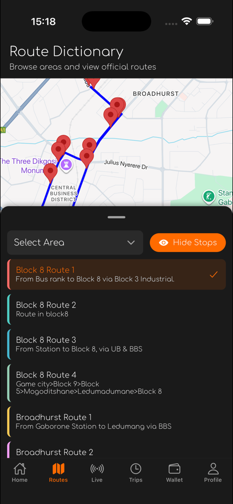 Vaya-Luyten - Vayaアプリのルート辞書画面、交通機関の停留所と利用可能なルートのリストが記載されたマップを表示