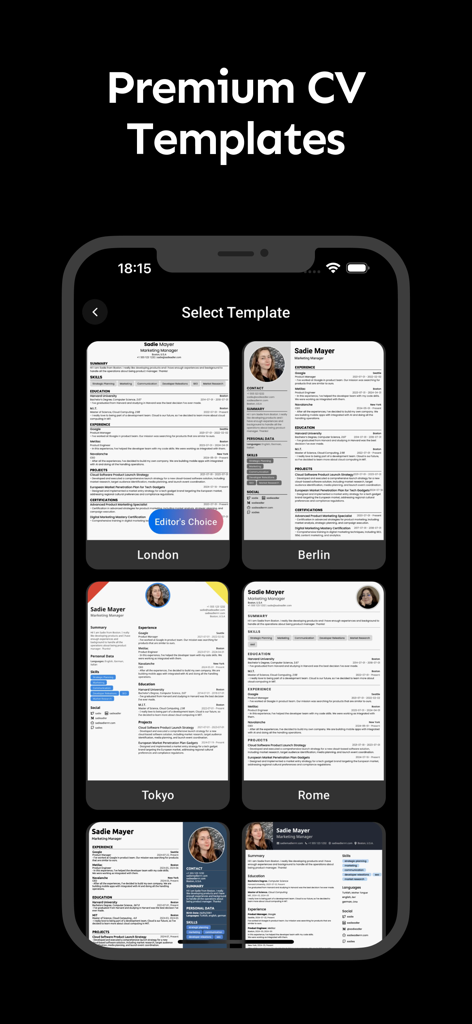 Smart CV: Resume Maker - Smart CV app screen showing a variety of professional resume templates named after major cities like London, Berlin, Tokyo, and Rome.