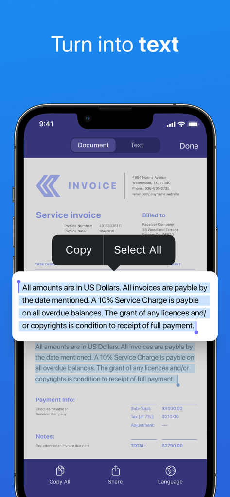 iPhone screen showing Scanner Mini app converting a scanned invoice into editable text