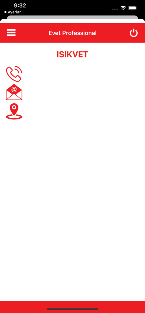 Evet Pro - Écran de contact de l'application Evet Pro pour une clinique vétérinaire avec des icônes de téléphone, d'e-mail et de localisation