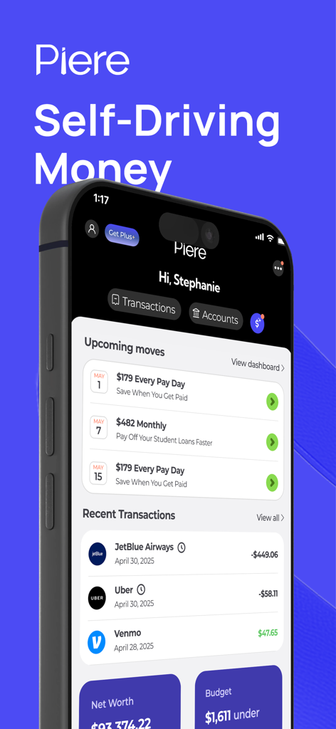 Piere: Budget, Save, Plan - Piere app dashboard showing automated money moves and recent transactions