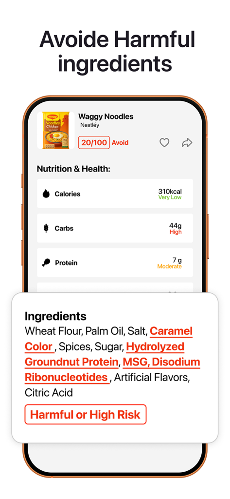 A mobile app screen showing a food product analysis with a health score of twenty out of one hundred and a list of harmful ingredients highlighted in red.