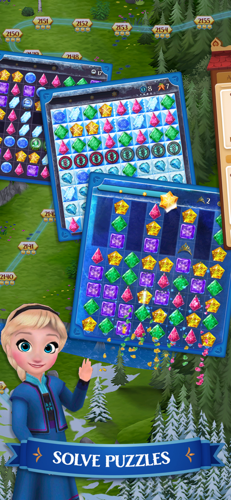 Young Elsa character standing next to match-three puzzle boards in Arendelle