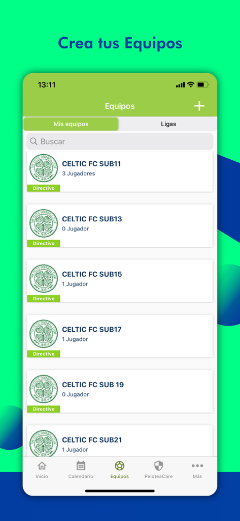 Pelotea - Mobile app interface showing a list of soccer teams within the Pelotea management platform in Spanish