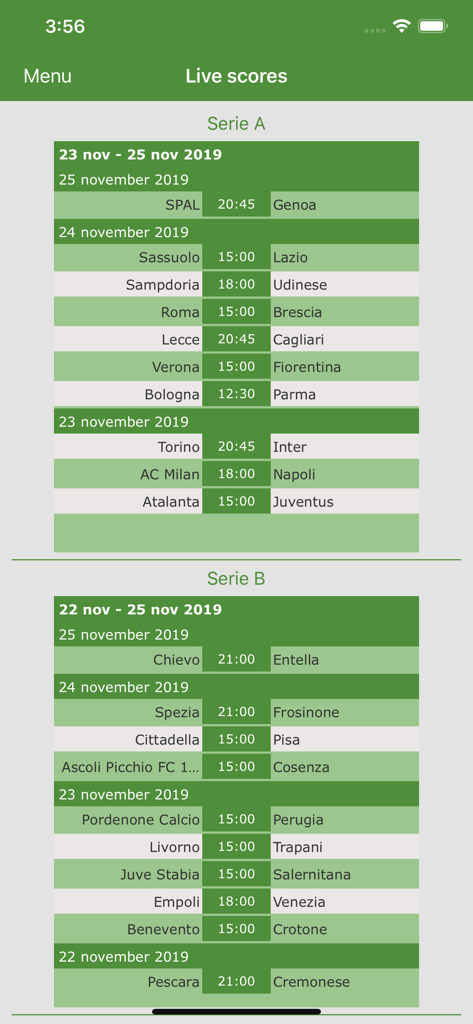 App Italian Soccer Live che mostra i calendari delle partite di Serie A e Serie B e i risultati in diretta