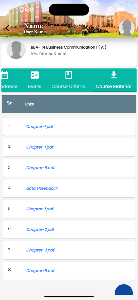 BNU CMS - BNU CMS mobile app interface displaying a list of downloadable study materials and documents for a business communication course.