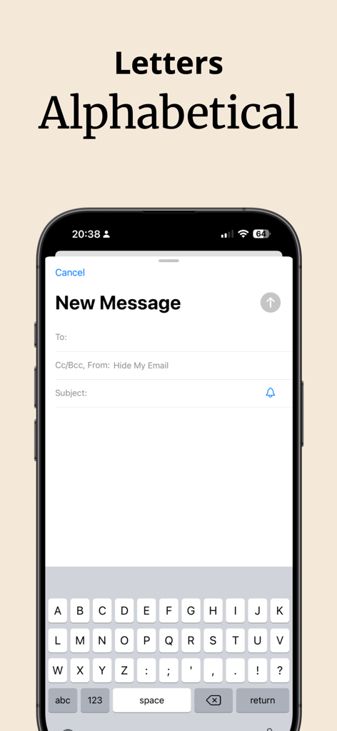 ABCDEF Keyboard Custom layout - ABCDEF alphabetical keyboard layout displayed on a mobile messaging screen