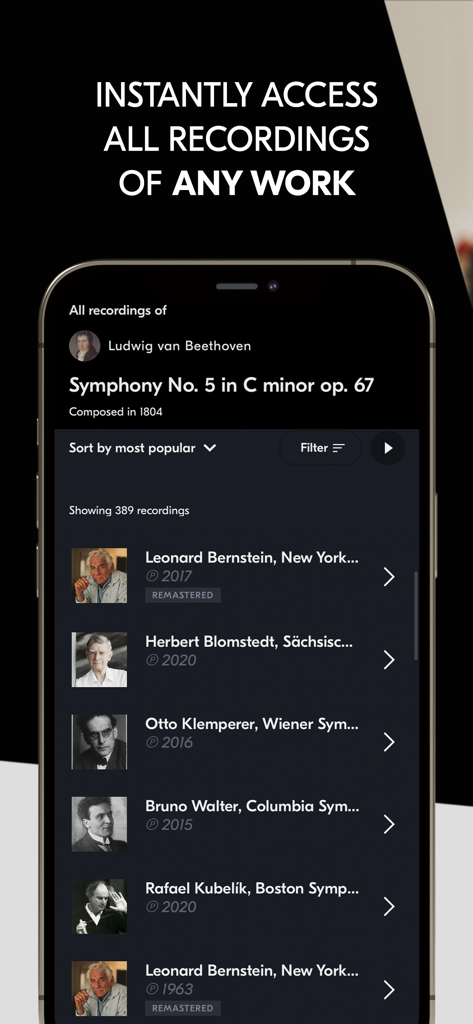 IDAGIO app interface showing multiple recordings of Beethoven's Symphony No. 5 by various conductors.