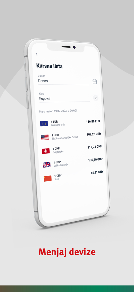 mBankar ProCredit Bank Srbija - mBankar app screen displaying current currency exchange rates for EUR and USD