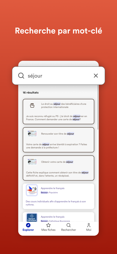 Réfugiés.info - Search interface of the Refugies info app displaying results for residence permits in France.