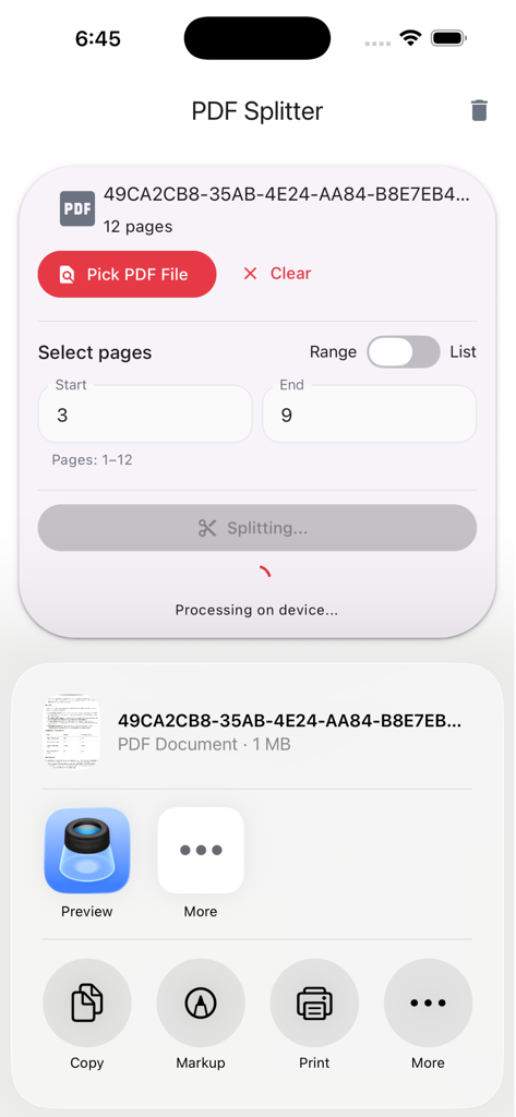 Interface do PDF Splitter Studio mostrando o processo de divisão offline para um intervalo de páginas específico no iPhone