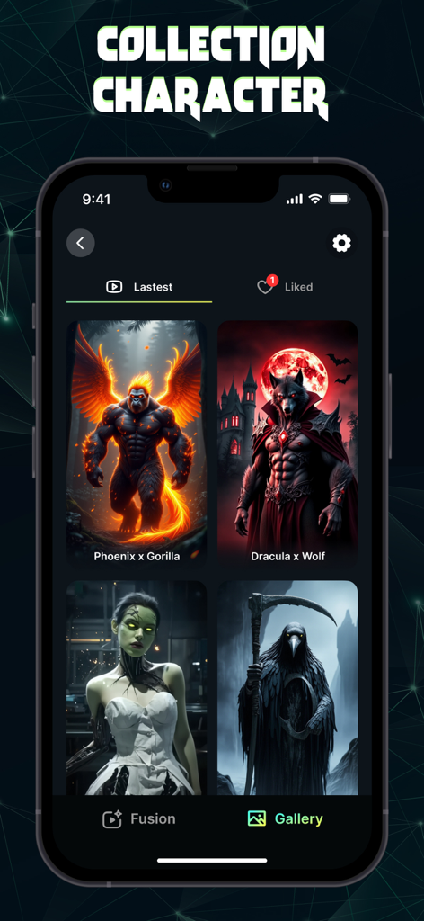 AI Fusion: Merge Character - A mobile screen showing a gallery of AI generated character fusions including a Phoenix Gorilla hybrid and a Dracula Wolf hybrid.