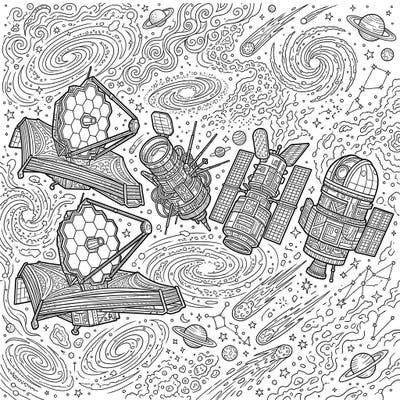Unleash your inner astronaut with this captivating adult coloring page, showcasing magnificent space telescopes amidst a cosmic ballet of stars and galaxies. Perfect for a relaxing and mindful journey through the wonders of the universe.