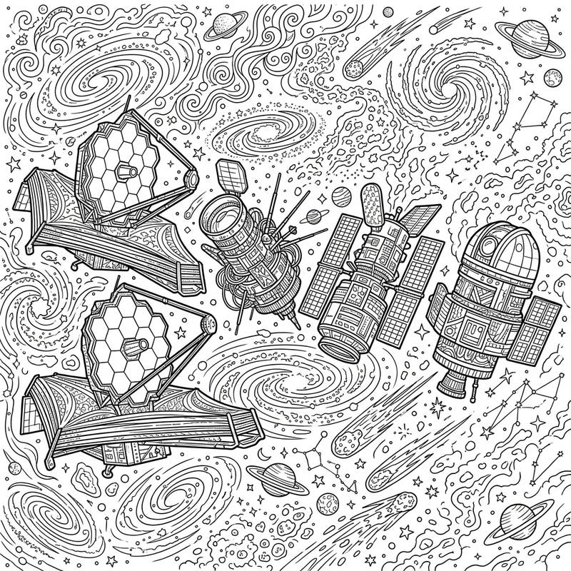 Unleash your inner astronaut with this captivating adult coloring page, showcasing magnificent space telescopes amidst a cosmic ballet of stars and galaxies. Perfect for a relaxing and mindful journey through the wonders of the universe.
