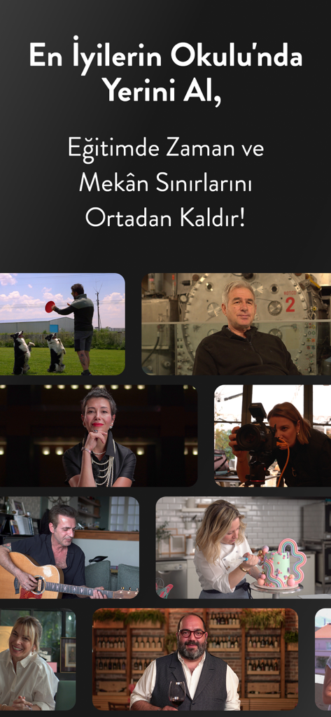 Neo Skola | En İyilerin Okulu - Neo Skola app screenshot showing a variety of expert-led video lessons including gastronomy, music, and science.