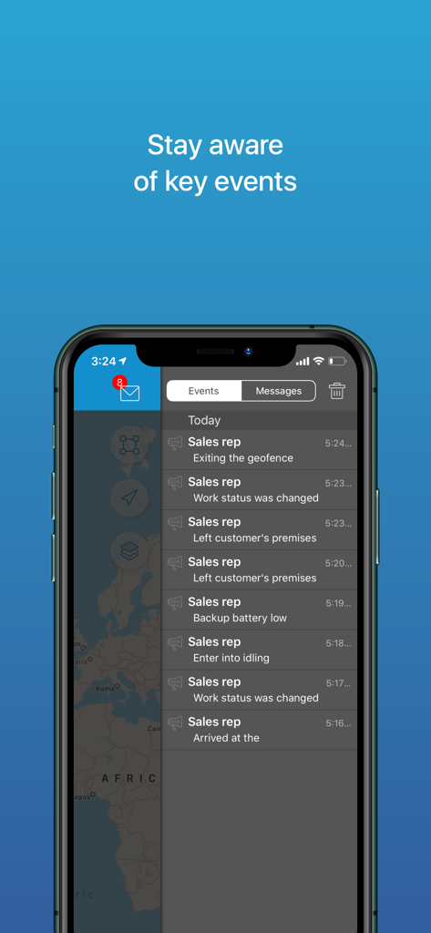 X-GPS Monitor app displaying a list of tracking events and notifications for fleet management