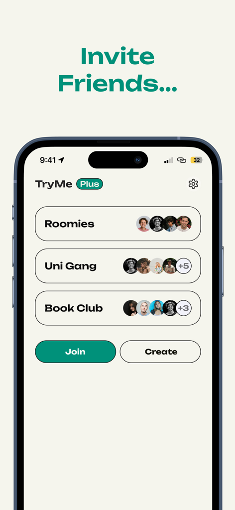 TryMe: Truth Or Dare - Bildschirm zeigt Freundesgruppen wie Roomies und Uni Gang im TryMe Social Game.