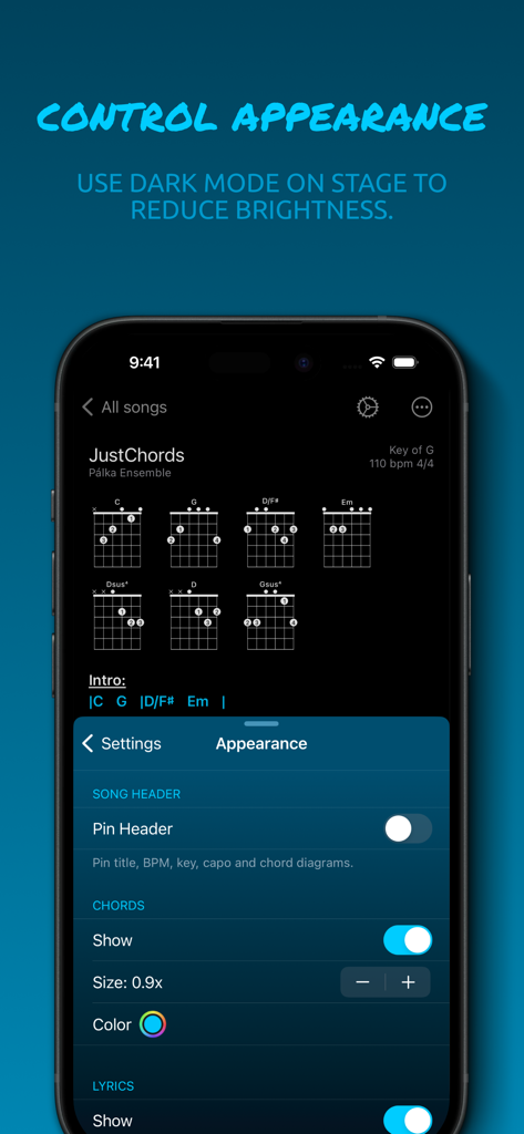 JustChords - JustChords mobile app screen showing appearance settings and guitar chord diagrams in dark mode for stage use