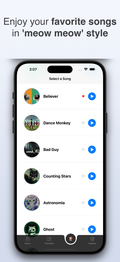 Dog & Cat Translator: Pet Chat - Meow Melodies screen showing popular songs to play in cat style
