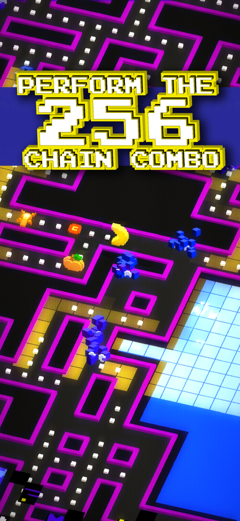 PAC-MAN 256 - Arcade Run - A voxel-style neon maze in Pac-Man 256 showing the 256 chain combo challenge.