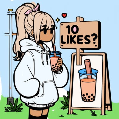 girl with oversized hoodie drinking boba and she has a high ponytail with a sign that says 10likes?