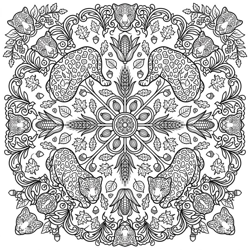 Unleash your creativity with this stunning Jaguar Autumn Mandala coloring page. This intricate design beautifully blends the power of jaguars with the rich symbolism of the fall season, offering a captivating artistic escape.