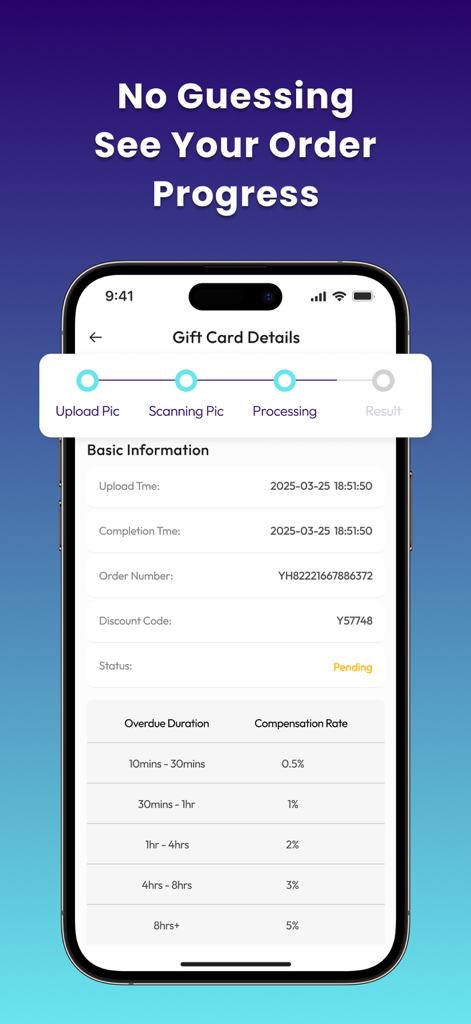 GiftCard8:Redeem Gift Cards - Real time order tracking progress and overtime compensation rates in GiftCard8 app.