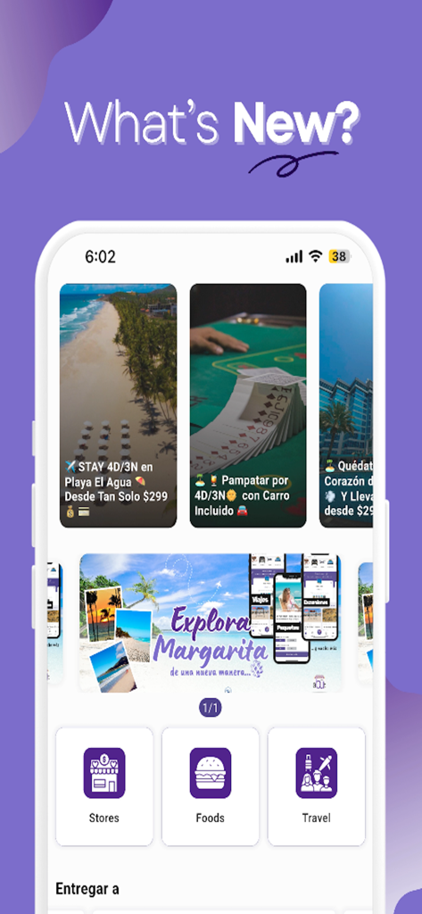 Abut - Abut app interface showing the What is New screen with curated travel packages and shortcuts for stores food and travel