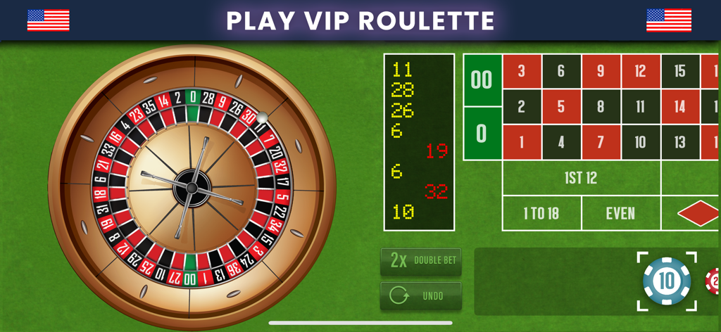 Rueda de ruleta americana y mesa de apuestas sobre fieltro verde en la aplicación de casino Roulette VIP