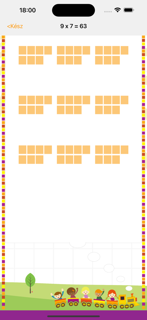 Uma representação visual de um problema de multiplicação mostrando nove grupos de sete blocos no aplicativo Klatt-Szorzótábla