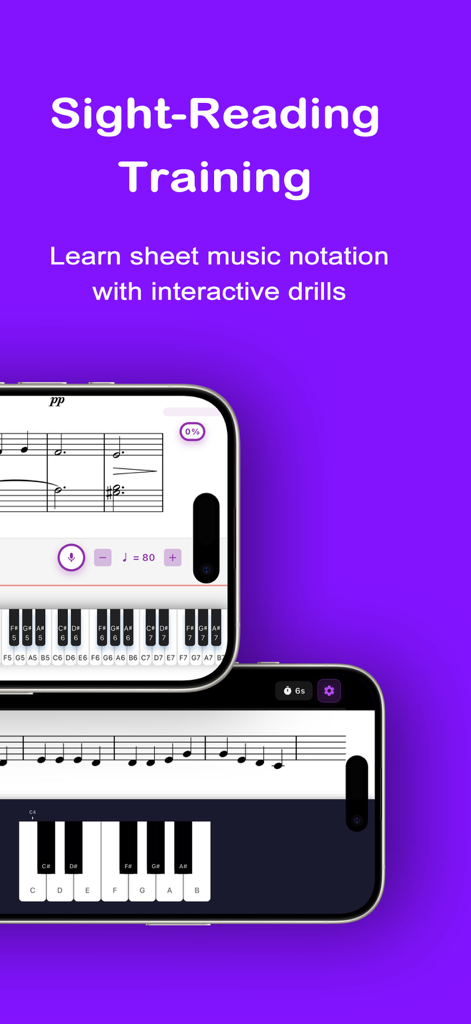 Harmono Piano: Play Any Song - Harmono Piano app interface for sight-reading training and interactive sheet music drills on iPhone screens.