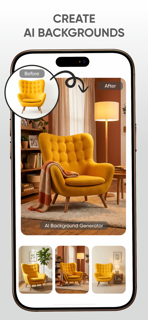 AI Photo Editor: Change Style - AIでリアルなリビングルームの背景を生成する前後の比較を示す、黄色いアームチェアの写真。