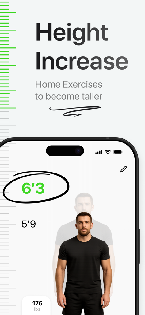 Height Increase: Correction - Height Increase app interface showing home exercises to become taller and a height progress tracker from 5 foot 9 to 6 foot 3