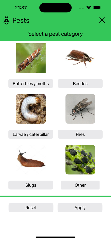 Plant diseases and pests - 甲虫、蛾、ナメクジなどの植物害虫のカテゴリを選択するためのインターフェイス