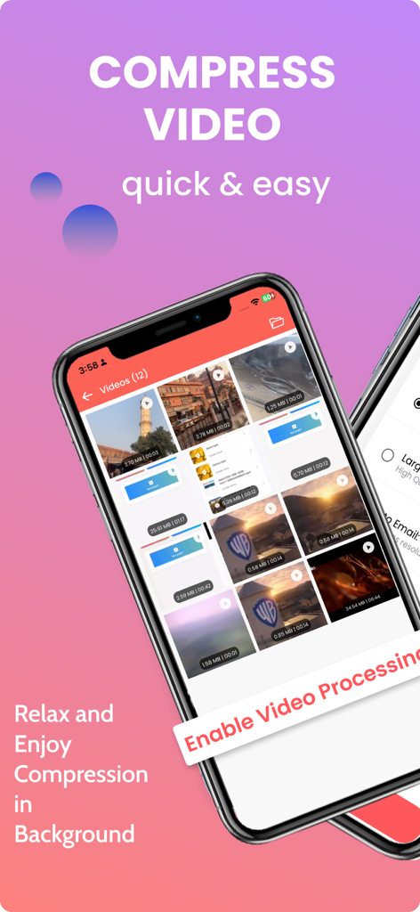 The Video Compressor : Zippy - Zippy app interface showing video selection library and background compression feature on an iPhone
