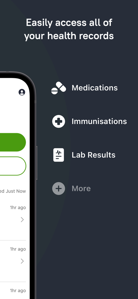 Better Health Outcomes - Better Health Outcomes app interface showing access to medications immunisations and lab results