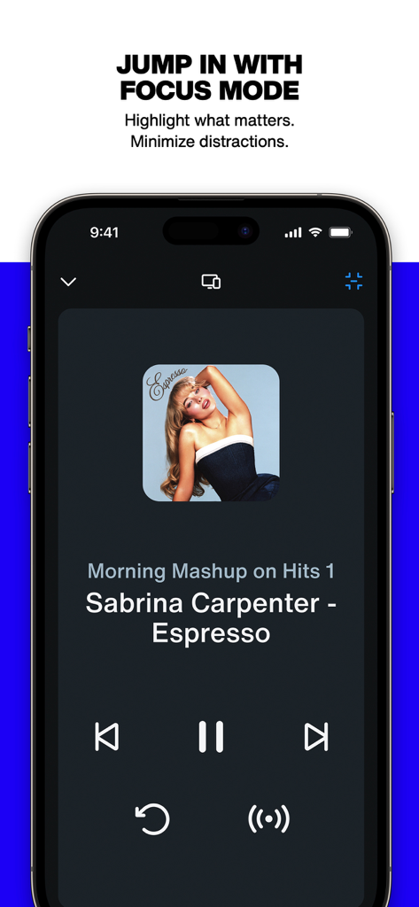 SiriusXM app Focus Mode interface showing Sabrina Carpenter song playing