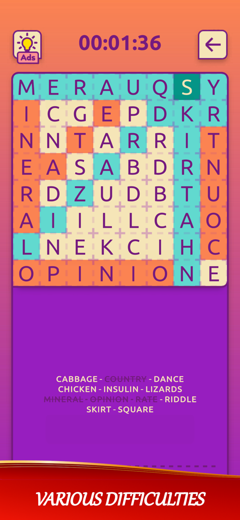Une capture d'écran de l'application Mots Cachés - Apprendre les Langues montrant un puzzle de grille de lettres avec un chronomètre et une liste de mots de vocabulaire en bas.