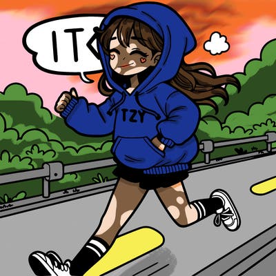 a girl running on a road with a hoodie and shorts and a text in the sky that says itzy