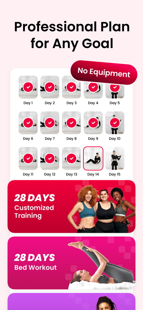The JustFit app interface displaying a 28-day professional workout plan with customized training and bed workout options.