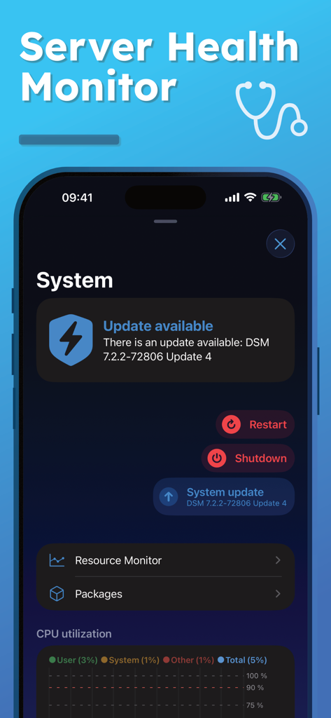 NAS Pro mobile app dashboard displaying server health status and system update notification