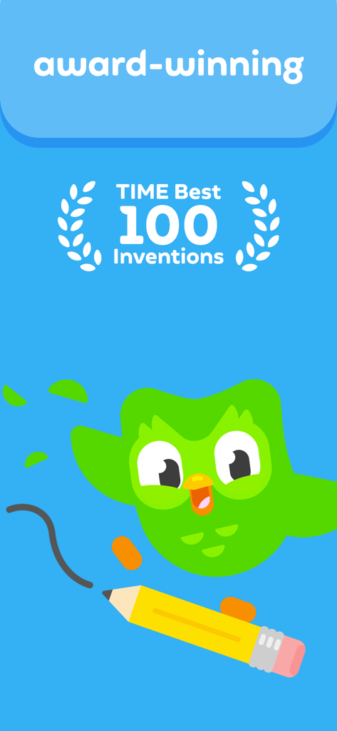 Duo the owl mascot featured with the TIME Best 100 Inventions award for Duolingo ABC