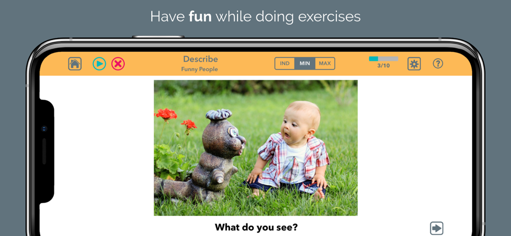 Exercice de thérapie de dénomination de l'aphasie montrant un bébé et un gnome de jardin avec la consigne Que voyez-vous?