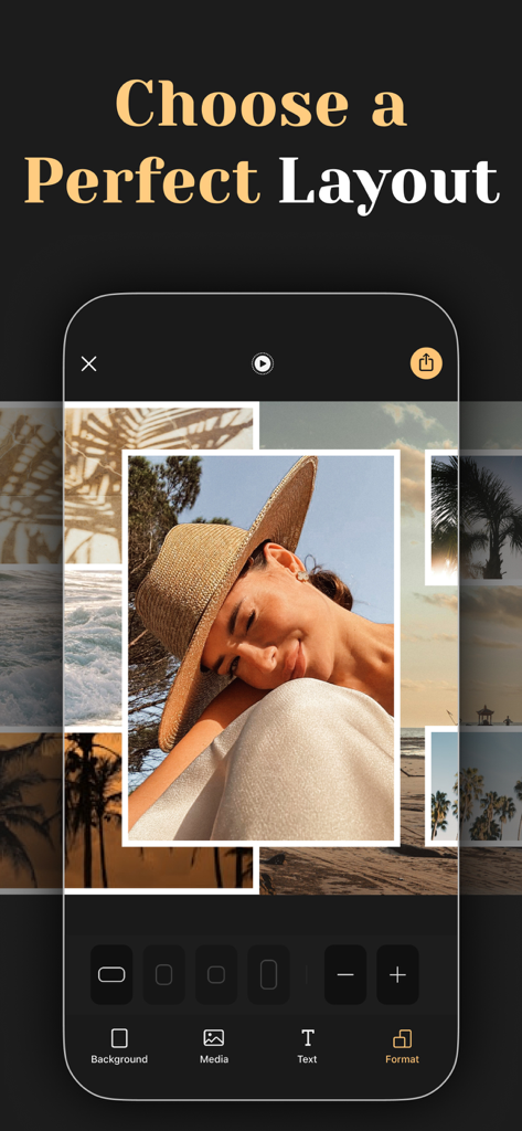 Carousel Layout Maker・SwipeMix - SwipeMix mobile app interface showing a user choosing a custom carousel layout with aesthetic photos