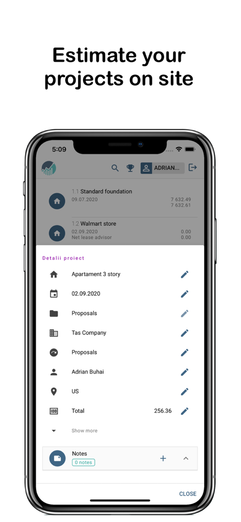 Deviz AR - Interface of Deviz AR app displaying construction project details and estimates on an iPhone