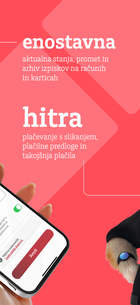 Promotional screen for Addiko Mobile Slovenija highlighting simple and fast banking features including scan and pay.